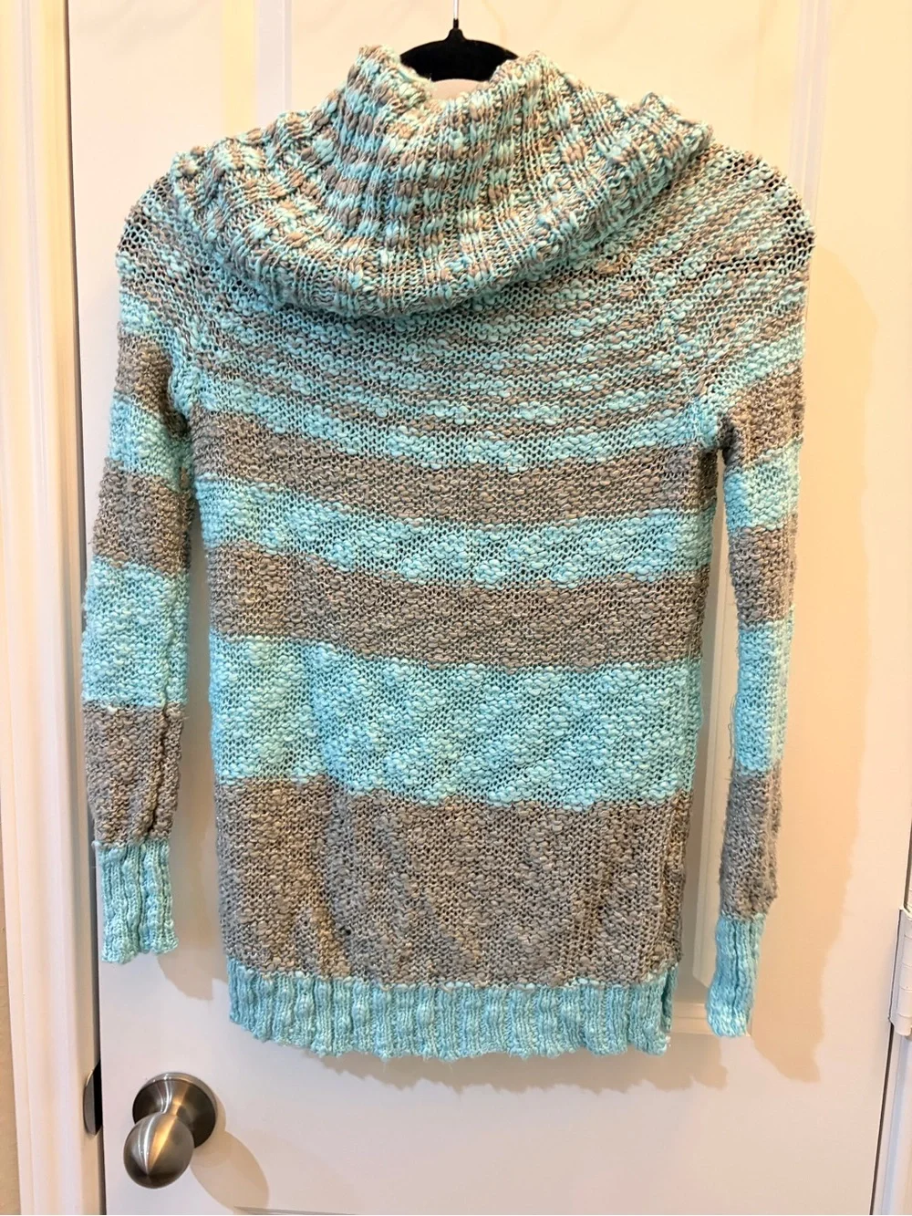 Justice Girls’ Striped Hooded Knit Sweater - Turquoise and Gray Size 10